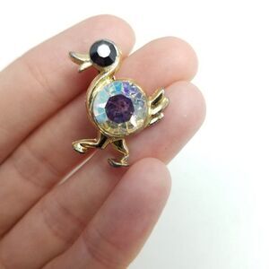 Vintage Little Duck Brooch, Rainbow Colorful Rhinestone, Scatter Pin, Retro